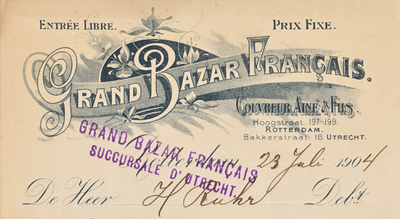 711152 Kop van een nota van de Grand Bazar Français, Warenhuis, Bakkerstraat 16 te Utrecht, ten name van de heer ...